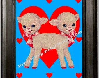 Siamese Twins Lamb Art Print 8 x 10 - Whimsical Kawaii Hearts Sideshow