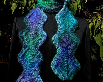 Chain of Diamonds Knit Scarf in Dragonfly Colorway blue green puple