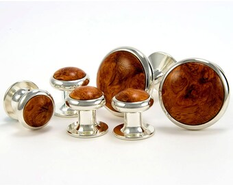 Silver Cufflink Tuxedo Stud Set Amboyna Burl Wood Cufflinks Gift For Him Wedding Cufflink Stud Set Gift For Groom Groomsmen Gift Fathers Day