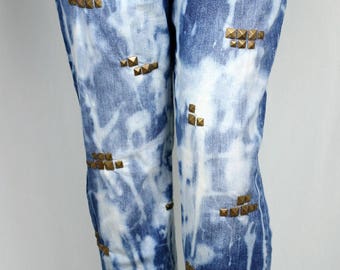 Reworked bleach and antique brass colour studded boyfriend jeans UK22/24