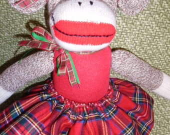 Mad Over Plaid/Classic Brown Red Heel Sock Monkey Girl Doll In Colorful Plaid Skirt