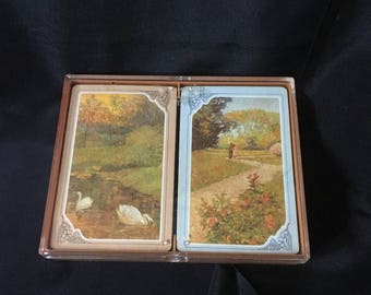 Vintage Hallmark Double Deck Bridge Playing Cards Plastic Coated Reverie Pattern, Vintage Hallmark Landscape Playing Cards