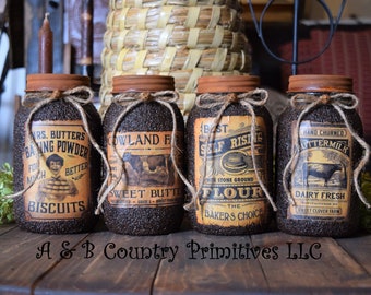 Set of 4 Primitive Farmhouse Grubby Pantry Jars, Country Home and Kitchen Decor, Country Primitive Decor, Farmhouse Decor, Pantry Jars