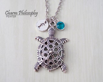 Turtle Necklace or Keychain - Tortoise Jewelry - Antique Silver Pendant - Monogram Personalized Initial and Birthstone