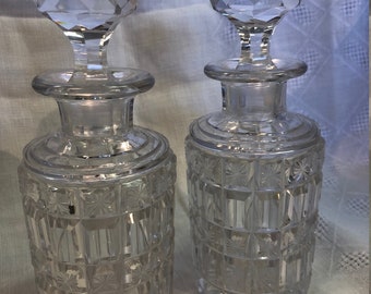 Pair Of Crystal Hand Cut Decanters, Crystal Stopper, Stars and Blocks in Pattern