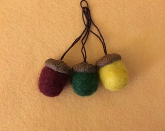 Set of three needle felted acorn ornaments - autumn colors