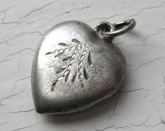 30's Sterling Silver Etched Puffy Heart Charm Wheat Spray Sprigs Vintage