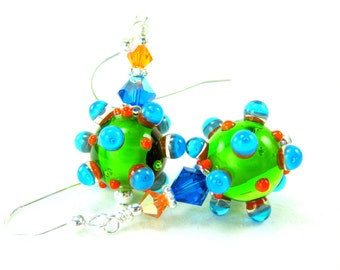 Funky Earrings, Green Glass Earrings, Bumpy Lampwork Earrings, Colorful Jewelry, Neon Earrings, Beadwork Earrings, Dangle Earrings - Dots