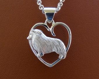 Sterling Silver Sheltie / Shetland Sheepdog Standing Study On A Heart Frame Pendant