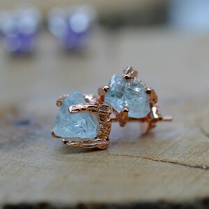 Raw Aquamarine Studs Earring Rose Gold Silver Raw Gemstone March Birthstone Minimal Earrings Multi stone Earring Mother Gift Idea