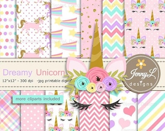 50% OFF Unicorn Faces Digital Papers and Clipart SET, Pastel Unicorn Stars and Hearts for Scrapbooking, Invitation, Planners