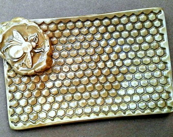 Ceramic Soap Dish Sponge Holder trinket Dish Honey Bee Dijon Mustard yellow