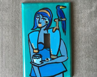 BLUE BIRD Light Switch Plate Hand Painted Wall Art Decor Home Cover Gift