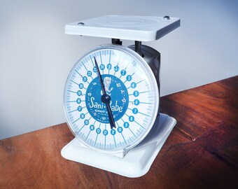Vintage Nursery Scale circa 1960s, Sani Babe metal painted white, mid century baby decor, white and blue with beautiful retro graphics