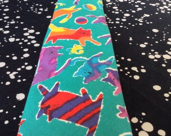 Playful Paradise~Lands End~Vintage Necktie~100% Cotton~Turquoise~Rainbow~Cats