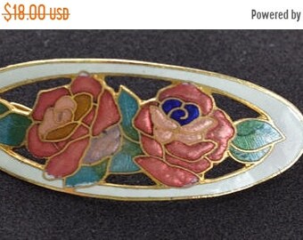 On sale Floral Cloisonne Hair Barrette, White, Pink, Vintage, Gold tone, Hair Accessory (R16)