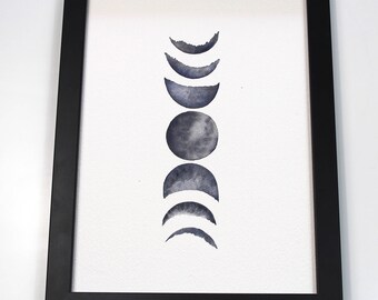 Moon Phases Watercolor Original Painting - 9x12