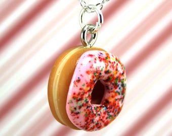 pink doughnut necklace kawaii polymer clay charms miniature food jewelry polymer clay food necklace pink donut necklace simpsons doughnut