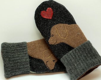 Labrador Retriever Mittens Recycled Wool Sweater Mittens Dark Gray Brown and Red Applique Leather Palm Fleece Lining Eco Friendly Size M/L