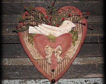 Primitive Valentine Lace Heart Dove Door Hanger E-PATTERN