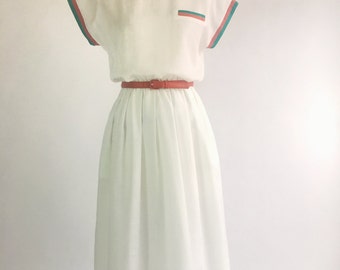 1980s White Button Back Belted Dress by Nola
