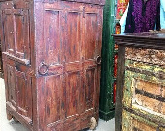 Antique Almirah Furniture Red Cabinet Vintage Indian Armoire on wheels Mediterranean Boho Shabby Chic Interiors