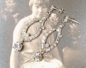 Vintage 1920s Rhinestone Dangle Earrings, Art Deco Flapper Paste Crystal Antique Silver Bridal Drops, Great Gatsby Wedding Jewelry Edwardian