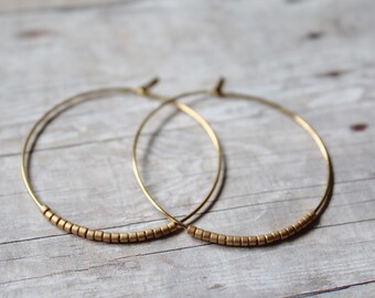 Matte Gold Seed Bead Hoop Earrings, Large Gold Plated Earrings, Hoop Earrings, Gold Hoops,