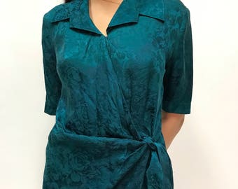 Vintage Green Floral Silk Wrap Short Sleeve Knee Length Dress