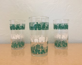 30% SALE *** Three Federal Glass Co. High Ball Glasses / Tumblers with Green & White House and Tree Silhouettes