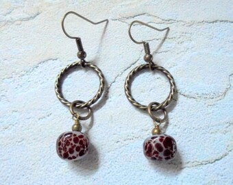 Spotted Maroon and Brass Lampwork Earrings (3045)
