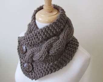 Knit Neck Warmer, Cable Knit Scarf, Chunky Warm Winter Scarf in Taupe 6" x 25" Coconut Shell Buttons Ready to Ship - Gift for Her