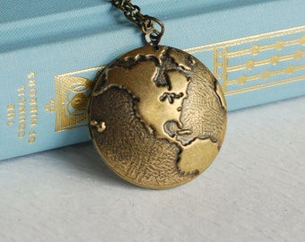 Gold Globe Locket Necklace, western hemisphere necklace, earth pendant, antique gold locket, travel necklace, map jewelry, man locket