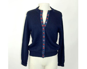 Wool cardigan with strawberry trim Shetland wool novelty sweater navy blue Size M