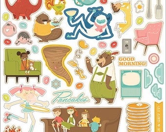 October Afternoon Saturday Mornings Collection Shape Stickers, 12"X12" Sticker Sheet, Vintage TV/Weekend Scrapbook Theme