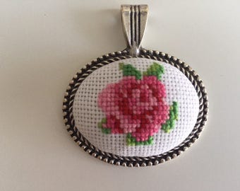 Rose cross stitch necklace. Free shipping US only.