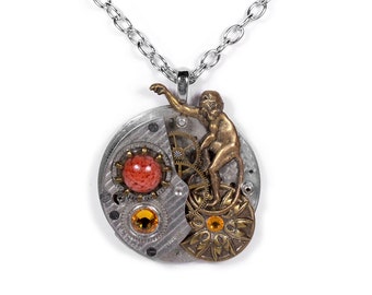 Steampunk Jewelry Mens Womens COLLAGE Necklace PINSTRIPE Pocket Watch Monkey Coral ORNATE Medallion Topaz Crystals - Jewelry by edmdesigns