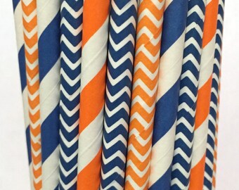 2.85 US Shipping -Broncos Paper Straws - Orange and Navy Blue Stripe - Cake Pop Sticks - Drinking Straws