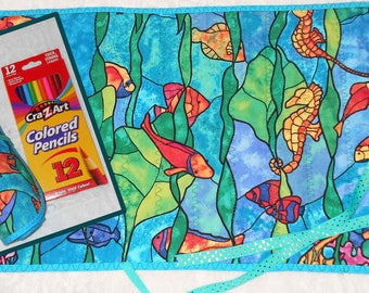 STAINED GLASS Fabric Rolled PENCIL Holder Bright Colorful Comes with Box of 12 CraZArt Colored Pencils One of a Kind Fish Tropical