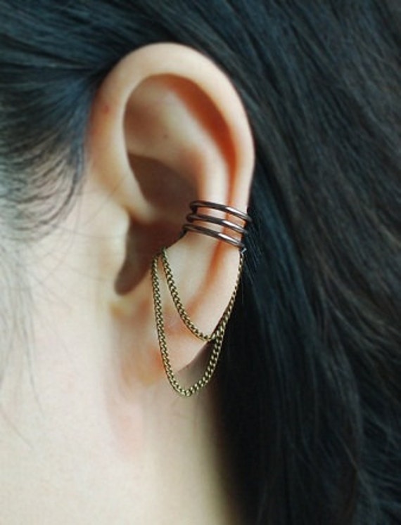 Bronze Color Ear Cuff with Chain Ear Jacket Ear