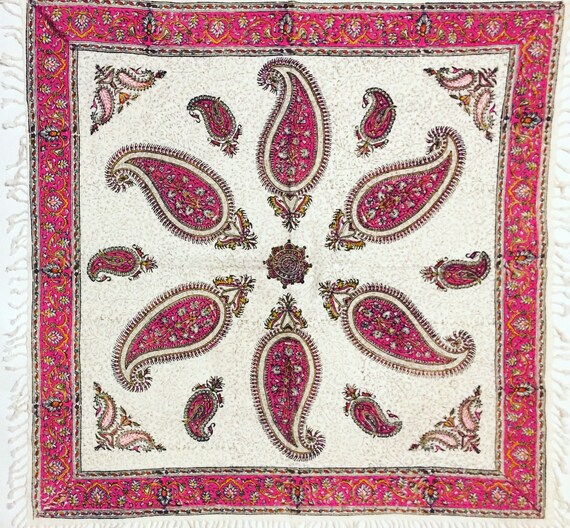 Handmade paisley pink Tablecloth, traditional block printed tapestry , wall decor, natural textile 30" inches with tassels