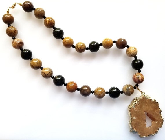 Jasper Necklace, Black and Brown Necklace, Black Necklace, Brown Necklace, Chunky Necklace, Pendant Necklace, Druzy Necklace
