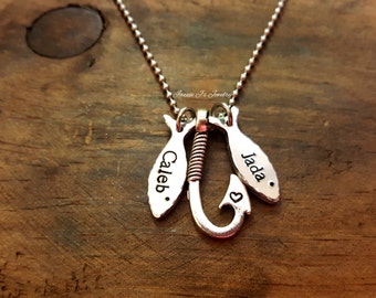 Hooked Necklace with Personalized Fish Charm(s), New Father Gift, First Father's Day Gift, Gift for Fisherman, Daddy's Fish, Fish Necklace