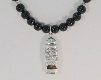 Black onyx necklace, sterling silver whistle necklace, sterling silver, whistle jewelry