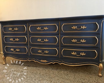 Custom refinished Blue and Gold French Provincial Dresser