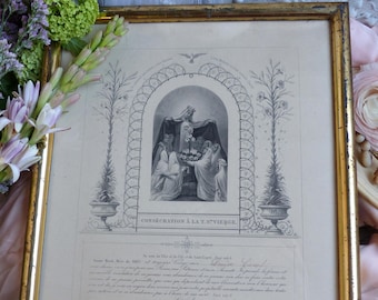 Rare antique french consecration to the Virgin Mary. Young nun's congregation admission. Madonna. Rustic French Nordic Jeanne d'Arc living
