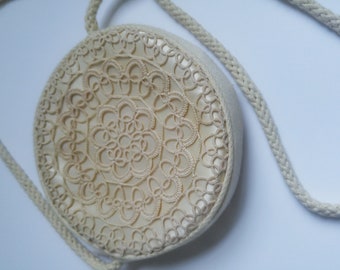 Round 1970s Vintage Round Cream Purse Handbag with Crochet/ Boho/Festival/ Hippie/Lace