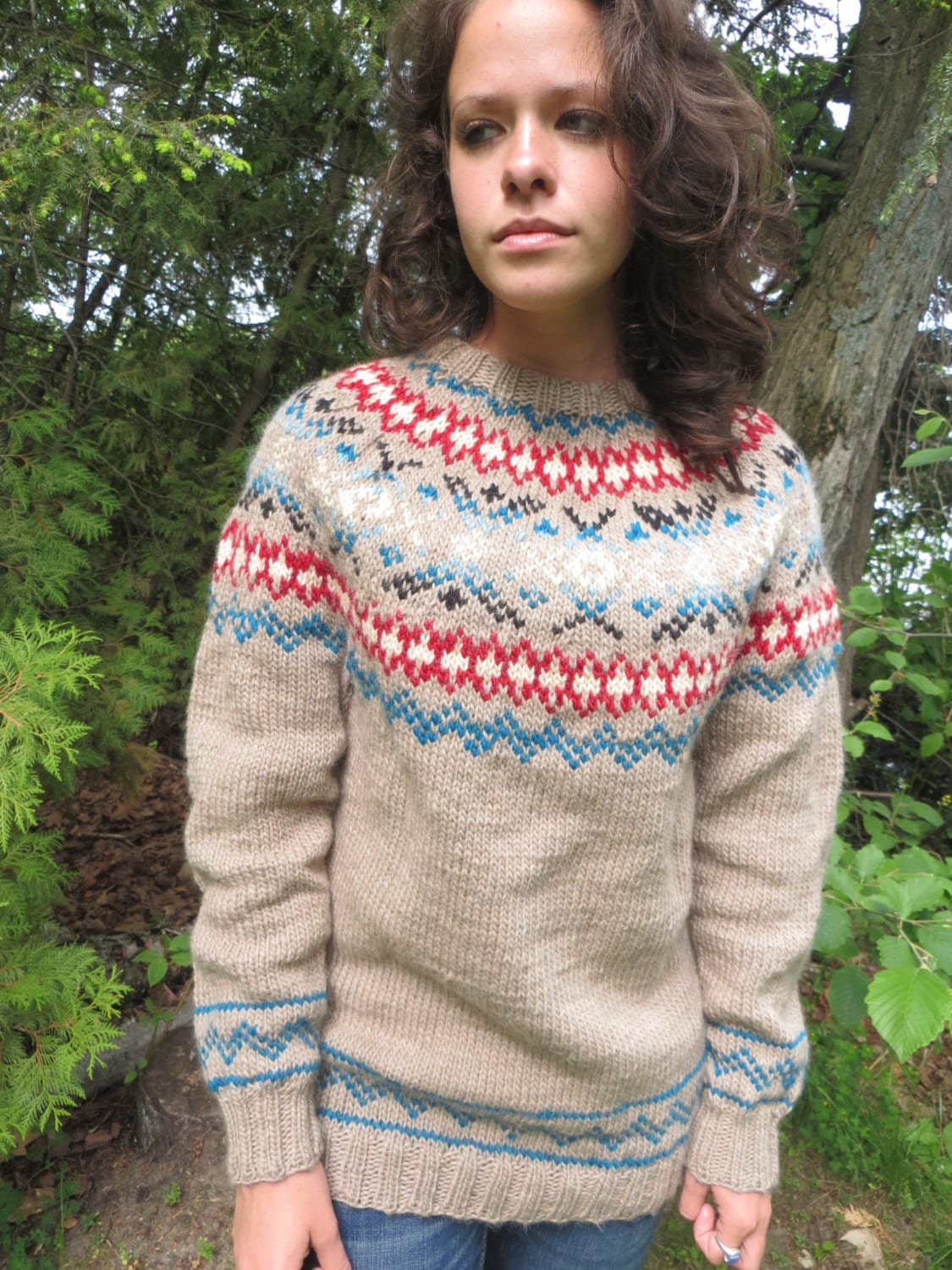 women's handknit tan Nordic style sweater