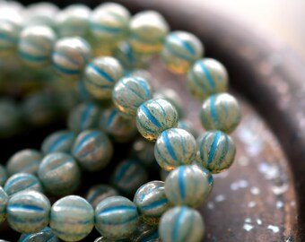 Winter Wonderland, Premium Czech Glass Beads, Milky Aqua, Mercury Finish, Turquoise Wash, Baby Melon Rounds 6mm - Pc 25
