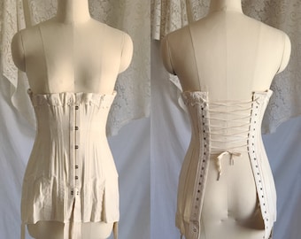 Antique 1910's Edwardian Corset | Beige Cotton with Metal Stays | The Live Model Corset by Kabo | New Old Stock | Size 20